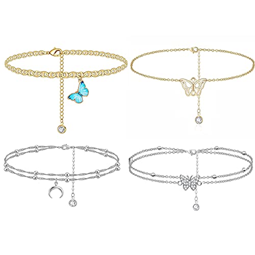 Sunnygo 4Pcs Butterfly Moon Anklets for Women Girls Adjustable Size Beach Jewelry Anklets Set