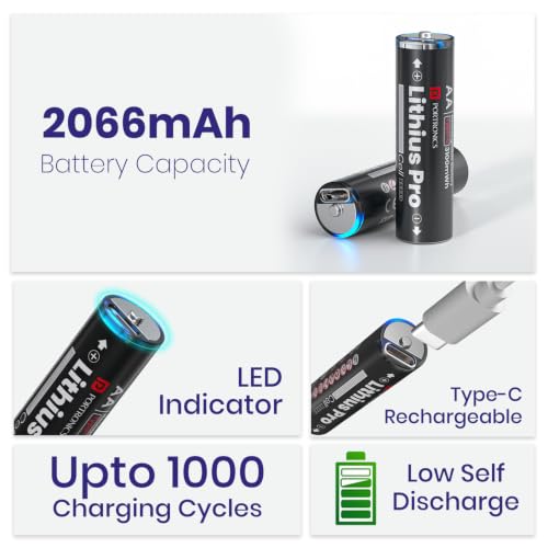 Image of Portronics AA Lithius Pro Type C Rechargeable Batteries, Pack of 2, Lithium Ion Cell Composition, Upto 2066mAh Capacity, Low Self Discharge, No Separate Charger Required (Black)