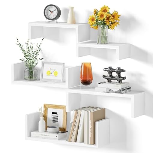 SRIWATANA Floating Shelves for Wall, Wall Shelves for Bathroom, Bedroom, Living Room, Kitchen, Office, Wood Shelves for Home Decor Set of 5 (Washed White)