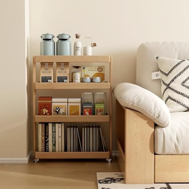 100% Solid Oak Art Storage Cart, 4-Tier Rolling Utility Cart with Wheels, Multifunctional Storage Trolley Shelving Unit on Wheels for Living Room Kitchen(Natural, 7.87D x 23.62W x 31.89H)-JqBM7zZX