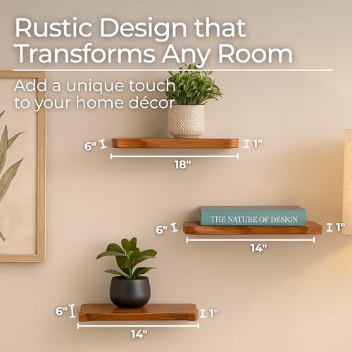 Set of 3 Solid Mango Wood Decorative Wall Shelves – Home Decor Floating Display Shelf with Iron Bracket – Modern Wall Shelves for Office, Bedroom & Living Room – 10", 14" & 18" - Image 3