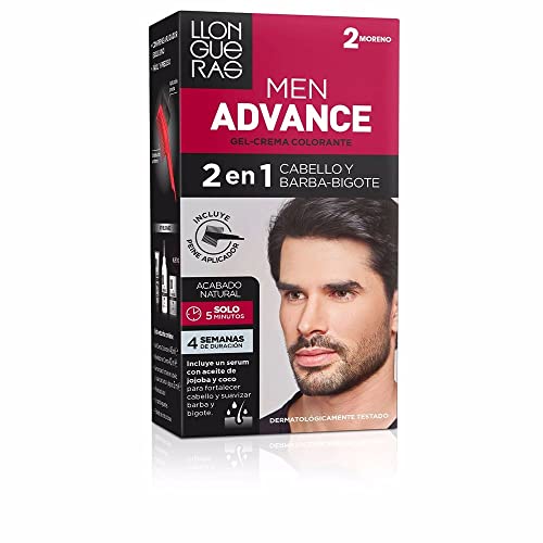 Llongueras – Men Advance, Gel Crema Colorante 2 en 1, para Cabello y Barba-Bigote, con Aceite de Jojoba, Coloración Masculina, Nutre e Hidrata, Acabado Natural en 5 Minutos, Tono 2, Moreno