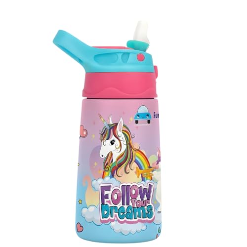 Image of FunBlast Unicorn Water Bottle for Kids - Cute Water Bottle with Straw, Insulated Stainless Steel Bottle, Leak-Proof Sipper Bottle for Kids (300 ML)