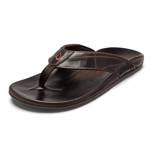OLUKAI Hokule'a Kia Men's Leather Sandal, Full-Grain Leather, Non-Marking Rubber Traction Pads & Compression Molded Footbed