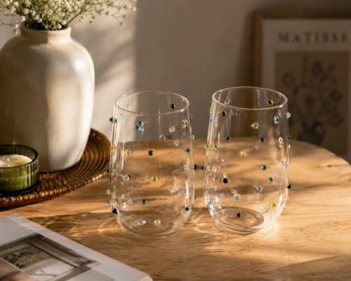 Image of Handcrafted Borosilicate Glass Water Glasses Set of 2 | Colorful Confetti Dot Juice Glasses | Drinking Glasses for Water, Juice, Cocktails & Mocktails | Modern Beverage Glasses