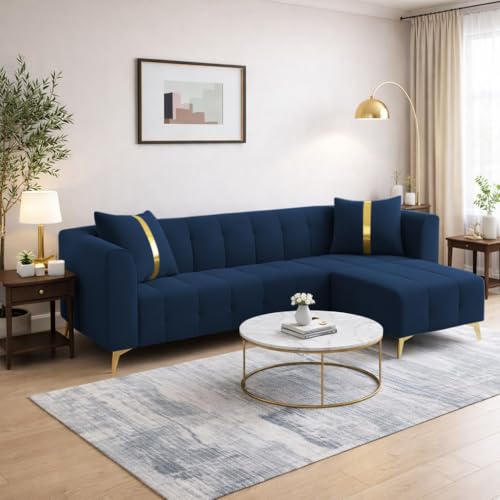 Image of Adorn India Premium Mystic - 3 Years Warranty - L Shape 4 Seater Sofa Set Velvet Suede Fabric - Blue