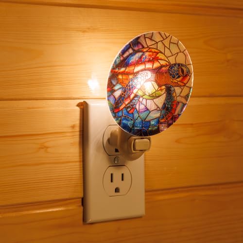 Image of Sea Turtle Stained Glass Styled Night Light - Real Glass Plug-in Wall Light with Warm Glow for Bathroom, Bedroom, or Hallway, Coastal Ocean Beach Home Decor