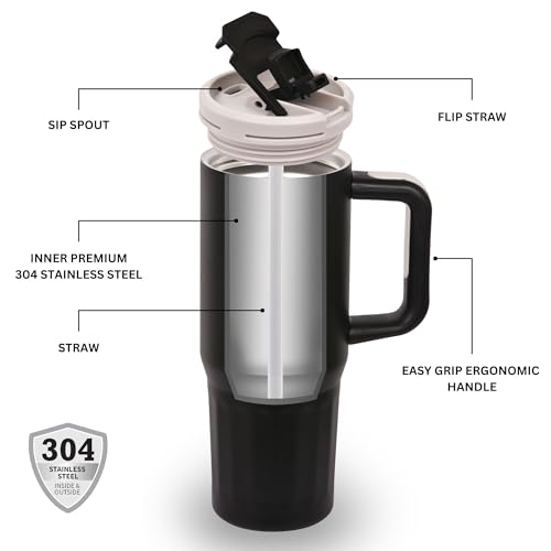 Image of FLAIR Vogue Vacuum Insulated Stainless Steel 750 ml Tumbler with Handle | 2-in-1 Lid with Flip Straw & Sip Spout -Black | Hot & Cold Beverage Mug | Leak Resistant