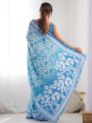 Image of Panzora Women's Chinon Printed Saree With Unstitched Blouse Piece