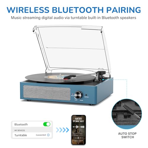 Image of Vinyl Record Player with 2 Stereo Speakers Belt-Driven Vintage Turntables 3 Speed 3 Size Wireless Bluetooth Playback AUX-in RCA Out Headphone LP Vinyl Players Auto Stop Frosted Blue