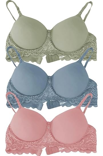 Women's Cotton Blend Lightly Padded Non-Wired Half Lace Padded T-Shirt Bra Combo Pack of 3
