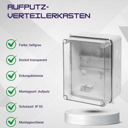 ELEKTROPLAST Aufputz-Schalkasten IP55 Verteilerkasten 158 x 118 x 97 cm, transparentes Gehäuse TH35