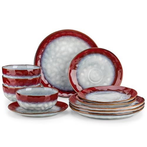 Image of vancasso Starry Dinnerware Set for 4, Handmade Reactive Glaze Stoneware 12 Pieces Plates and Bowls Sets, Dishwasher and Microwave Safe Dish Set, Red