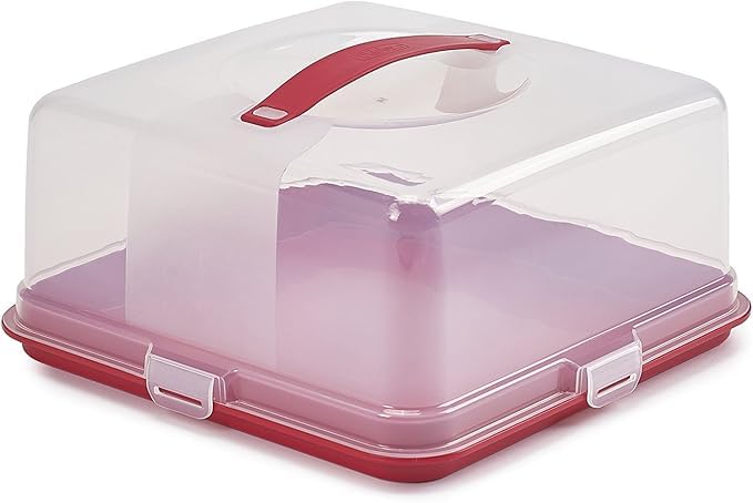 ZOPPER Red Large Square Plastic Cake Box With Lockable Lid & Carry Handles Portable Cake Carrier Storage Container Fits 11 inch Ideal for Cakes, Cookies