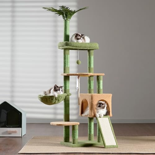 Heybly Árvore para gatos, torre para gatos de 166 cm para ambientes internos, condomínio com folhas,