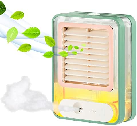 Small Desk Fan with Mist Spray,LED Night Light,Electric Battery Operated Water Misting Fan,USB Rechargeable Portable Quiet Mini Desktop Table Cooling Fan for Office,Camping,Indoor,Outdoor (Green)
