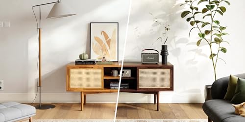 Image of MISAN Modern TV Table | Solid Sheesham Wood Sideboard TV Unit for Living Room, Bedroom, Office Furniture Stand | Wooden Free Standing Entertainment Unit Side Board Table with Storage (D-Walnut)