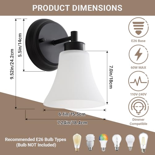 Image of LOUSACE 2 Pack 1-Light Bathroom Vanity Lights Black Vintage Bathroom Lighting Fixtures with Opal White Glass, Set of 2 Single Vanity Wall Sconces for Side Mirror Cabinet Stairs Kitchen Living Room