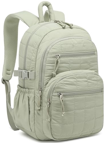 Image of Cute Laptop Backpack for Women, Quilted College Bookbag with Tumbler Holder Pocket for Nurse Teacher Work Travel, Puffer School Backpack for Teen Girls Big Student, Green