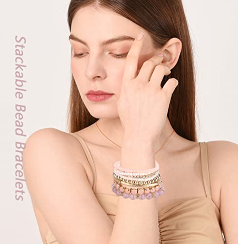 Finzor 48Pcs Bohemian Stackable Bead Bracelets For Women Multicolor Stretch Beaded Bracelets Layered Bead Adjustable Bracelet Pink Black Turquoise Stretch Bracelets #TOP1