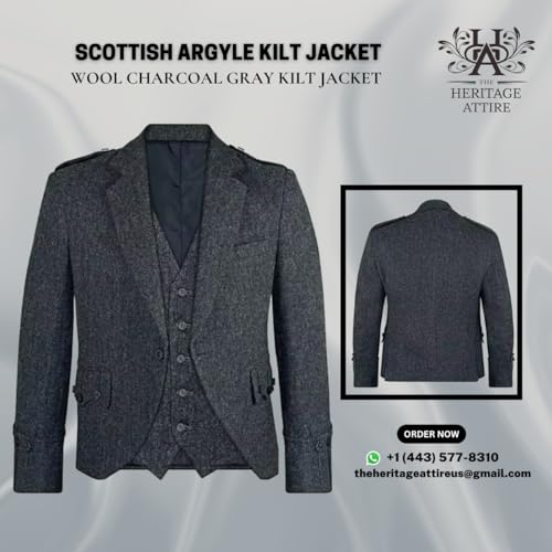 Scottish Handmade Gray Tweed Argyle Kilt Jacket with 5 Button Vest | Wool Argyll Jacket4