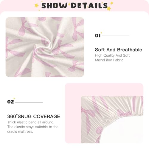 Image of Fitted Crib Sheets Coquette Bows Cute Pink Stretchy Portable Playard Sheets for Baby Toddler, Breathable Soft Mini Crib Mattress 39 x 27 In for Boys and Girls