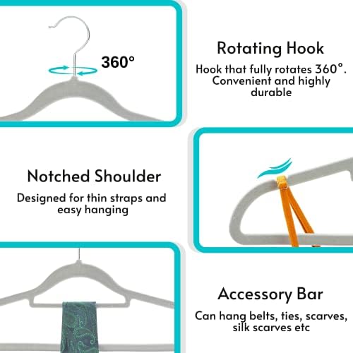 50 Non Slip Velvet Hangers | Heavy Duty Grey Felt Coat Hangers |360 Degree Swivel Hooks |Premium Space Saving Design