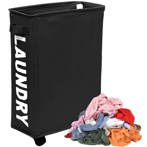 Cesta de lavandería delgada de 23 pulgadas, 44 l, cesta de lavandería con ruedas, cesta de ropa plegable con asa, cesta de lavandería independiente, bolsa de lavandería estrecha, estantes de almacenam