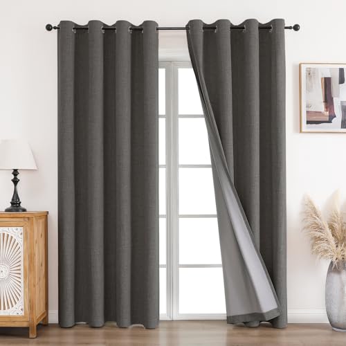 CUCRAF 100% Rideau occultant Thermiques 2 Pièces L140xH245, Rideau Lin Thermique Isolant Anti Froid et Chaleur Tenture Opaque à Oeillets Isolation Lumiere Anti UV Gris