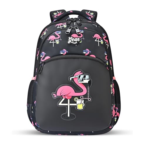 Image of Gear Flamingo 15 inch /21L Medium Water Resistant School Bag | Casual Backpack | Daypack | Travel Backpack | Kids Bag for Boys /Girls (Black - Pink)