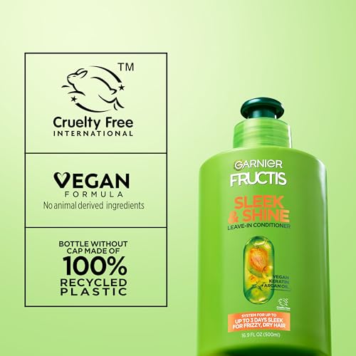 Image of Garnier Fructis Sleek & Shine Leave-In Conditioner Cream, Anti-Frizz Hair Treatment with Plant Keratin + Argan Oil, Controls Frizz and Provides Smoothness For Frizzy, Dry Hair, 10.2 Fl Oz