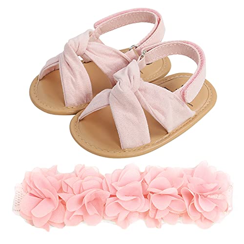 Avodova Baby Girl Sandals And Bow-Knot Headgear, Open Toe Princess Flat Sandals Summer Outdoor Beach Shoes Newborn Toddler Shoes (#1 Pink, 0_Months) #TOP8