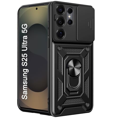 Image of TheGiftKart Tough Armor Bumper Back Cover Case for Samsung Galaxy S25 Ultra 5G | Sliding Camera Cover, Kickstand & Ring Holder | 360 Degree Protection Back Case for Samsung S25 Ultra (PC & TPU, Black)