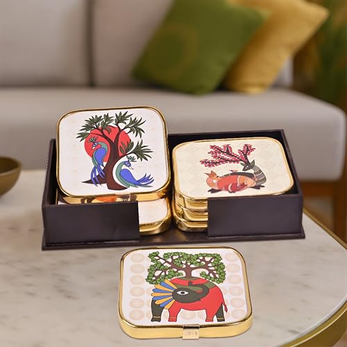 Image of Rousrie Stylist Modern Wooden Coasters with Golden Border | Set of 6 | Stand Included Premium Handmade Coaster for Tea Cups, Coffee Mugs, Beer Mugs, 10 by 10 cm (Warli Pattern)