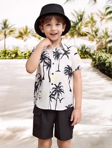 Image of IBTOM CASTLE Boys Hawaiian Button Down Shirts and Short Sets with Bucket Hat Kids Summer Vacation Outfits Tropical Shirt