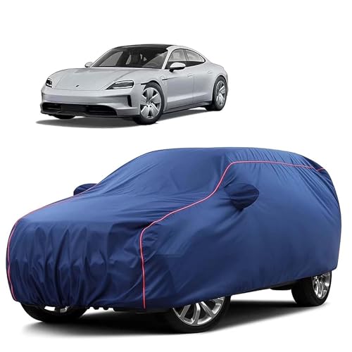Image of Sulfar 100% Water Resistant Car Body Cover Compatible with Mirror for Porsche Taycan (Triple Stitched, Full Bottom Elastic, Blue Tafetta with Red Piping)