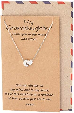 Quan Jewelry Granddaughter Necklace, cute necklaces perfect for birthday gift, Moon and Heart Pendant Necklace for Her, Inspirational Jewelry Birthday Gifts for Women with Greeting Card