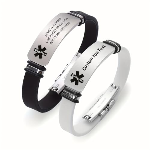 Personalized Medical Alert ID Bracelets - Silicone Custom Name ID Engraved Medic Info for Men Women