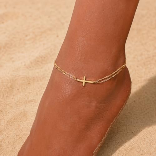 Image of Anklets for Women 14K Gold Plated Anklets Waterproof Ankle Bracelets for Women Silver Ankle Bracelet Layered Cross Satellite Bowknot Flower Pearl Beach Anklets Cute Jewelry Gift