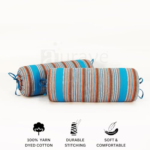 Image of AURAVE Woven Cotton 144 TC Bolster Cover with Drawstring Closure, Set of 2, Soft Breathable Durable Machine Washable for Sofa Bed & Home Decor, 15 inchx30 inch, Blue | Cover Only