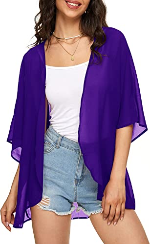 Image of Indian Trendy Women's Solid Puff Sleeve Kimono Cardigan Loose Cover Up Casual Blouse Top Chiffon
