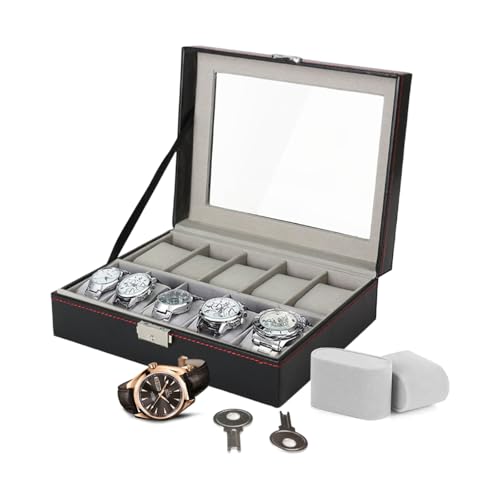 LKH Watch Box 10 Slot - Premium Watch Storage Case with Metal Clasp Lock & 2 Keys, Faux Leather With Removable Pillows Watch Organizer for Men & Women, Display Case with Glass Lid & Pillows