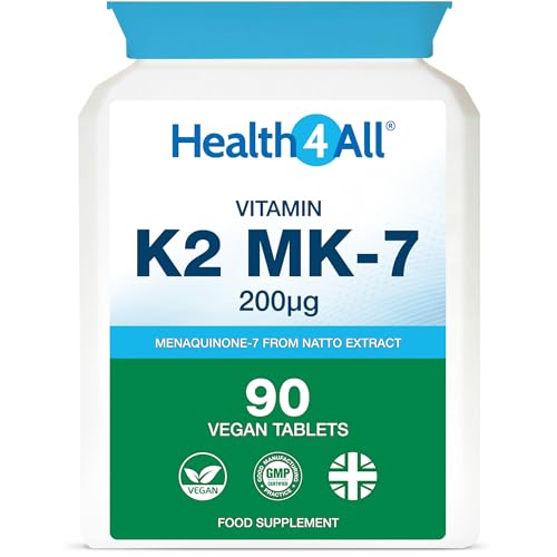 Health4All Natural Vitamin K2 MK7 200mcg from Natto, 90 Tablets 3 Months Supply, All-Trans MK-7 from Beans Fermentation, High Strength VitK2 Vitamin Supplement, Vegan Menaquinone | Made in UK