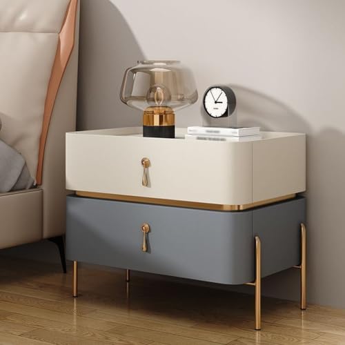 Moderna mesita de noche con cajones de almacenamiento de gran capacidad y estantes anchos para encimera, ideal para dormitorio, sala de estar y oficina, elegante marco dorado, color beige, azul, 50 cm