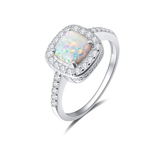 Carleen Created Opal Ring 925 Sterling Silver October Birthstone Cubic Zirconia CZ Halo Engagement...