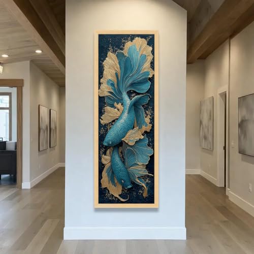 Art mural doré poissons bleus pour habiller un mur étroit vide