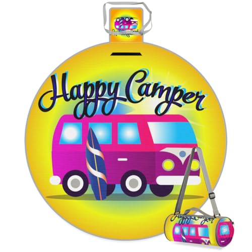 Shimoshe Happy Cartoon Camper Bus Picnic Outdoor Blanket Foldable Waterproof Sandproof Beach Blanket Portable Water-Resistant Round Picnic Mat for Travel Camping Park Lawn