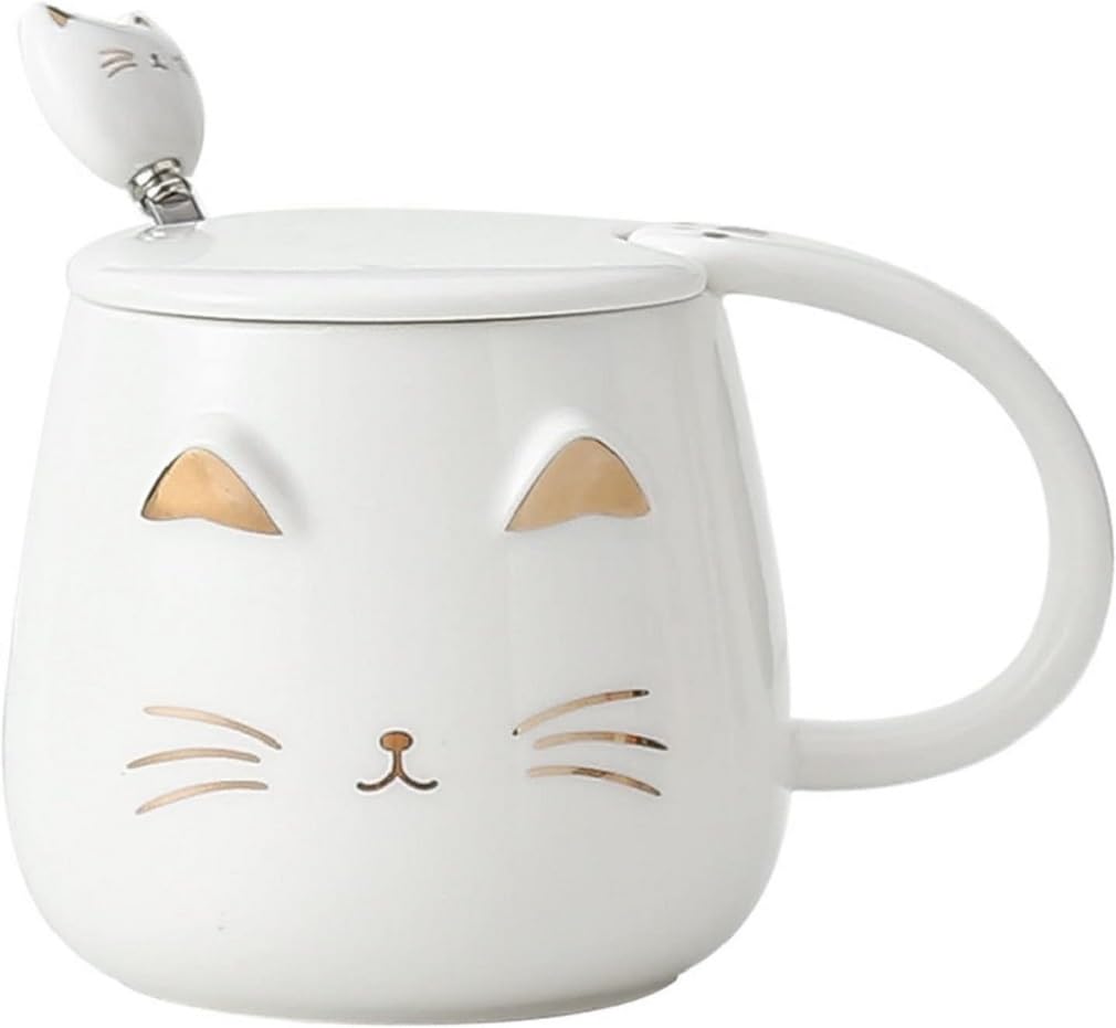 Kawaii Cat Mug 450ml - Cat Mug with Lid and Spoon - White and Gold Ceramic Color - Coffee Tea Infuser Mug - Original Japanese Mug - Gift Idea Japan Asian Kitten Cute - White with Golden Accents