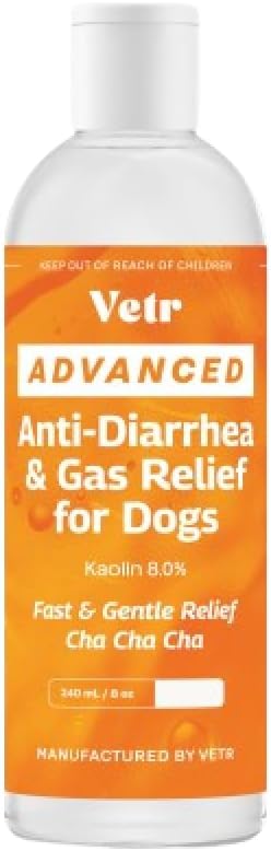 Vetr Alivio antidiarrea y gases para perros, fórmula líquida de caolín para aliviar el malestar estomacal rápido y apoyo digestivo, todas las razas