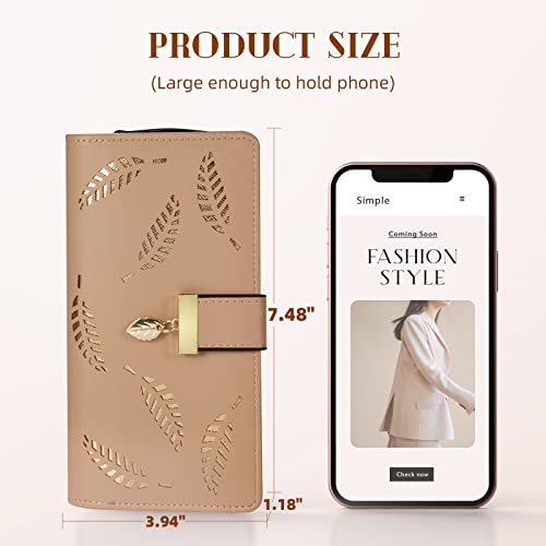 Image of Sweet Cute Chocolate Women's Long Leaf Bifold Wallet Leather Card Holder Purse Zipper Buckle Elegant Clutch Wallet Handbag for Women - Khaki